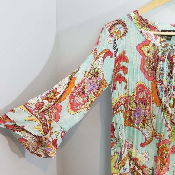 Melissa Paige Lace Up Bell Sleeve Pleated Paisley - Picture 3 of 11